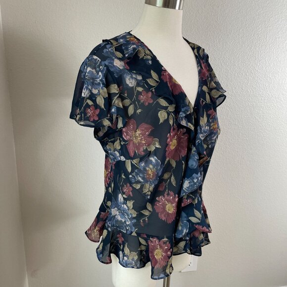 Chaps Womens Plus 1X Floral Ruffle Blouse Sheer Lightweight Short Sleeve Shirt - Picture 2 of 8
